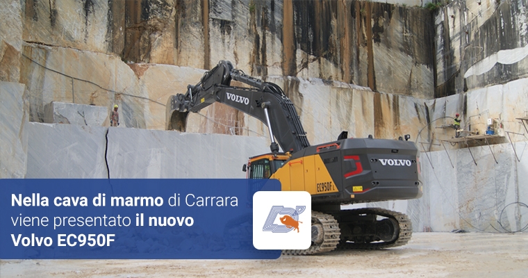 Nella cava di marmo di Carrara viene presentato il nuovo Volvo EC950F